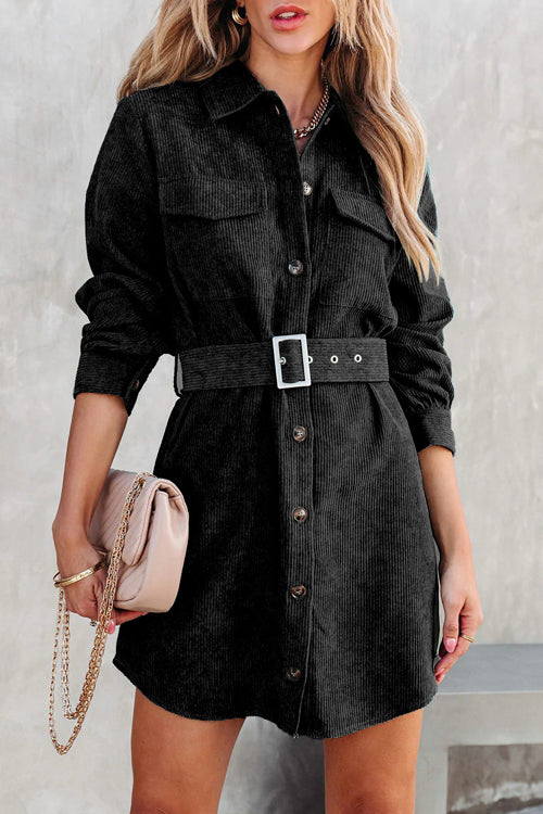 Catch Your Self Corduroy Button Up Mini Dress - 5 Colors Black