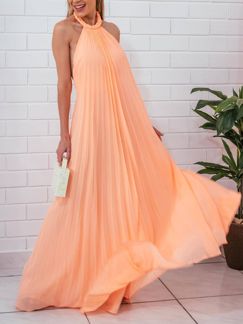 Elegant Ruched Woven Chiffon Halter Backless A-Line Maxi Dress Orange
