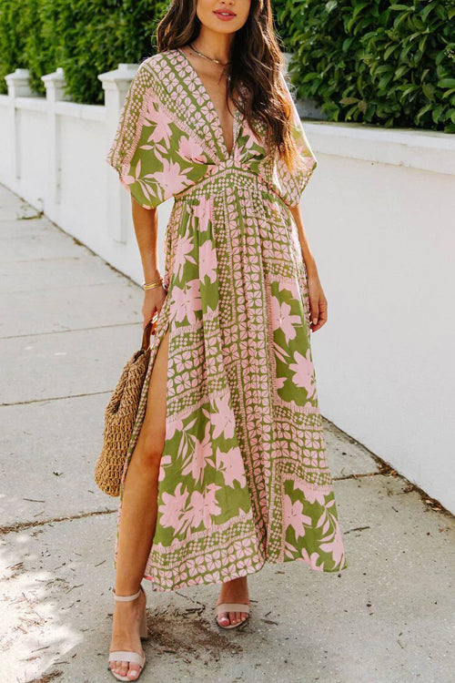 Still The One V-Neck Print Maxi Dress Green&Pink