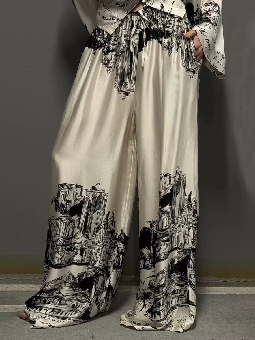 Architectural Print Satin Wide-Leg Pants White Pants