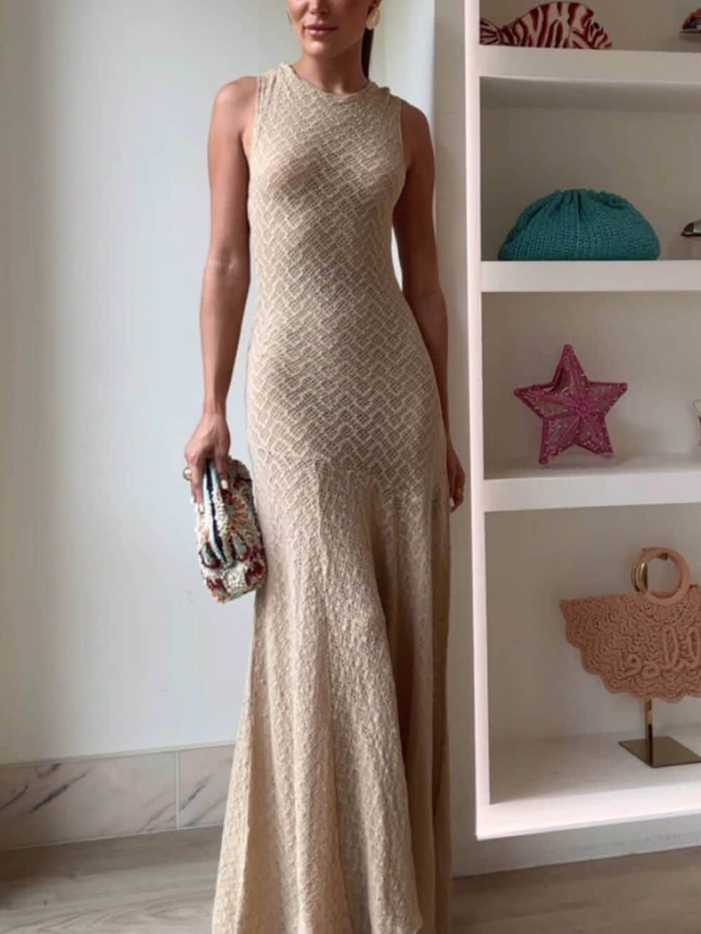 Elegant Lace Hook Open Back Asymmetric Hem Flared Waist Maxi Dress Apricot