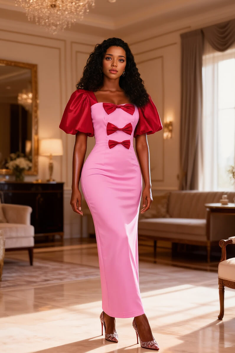 Fashion Contrasting-Color Bow-Detailed Satin Puff-Sleeve Maxi Dress Pink