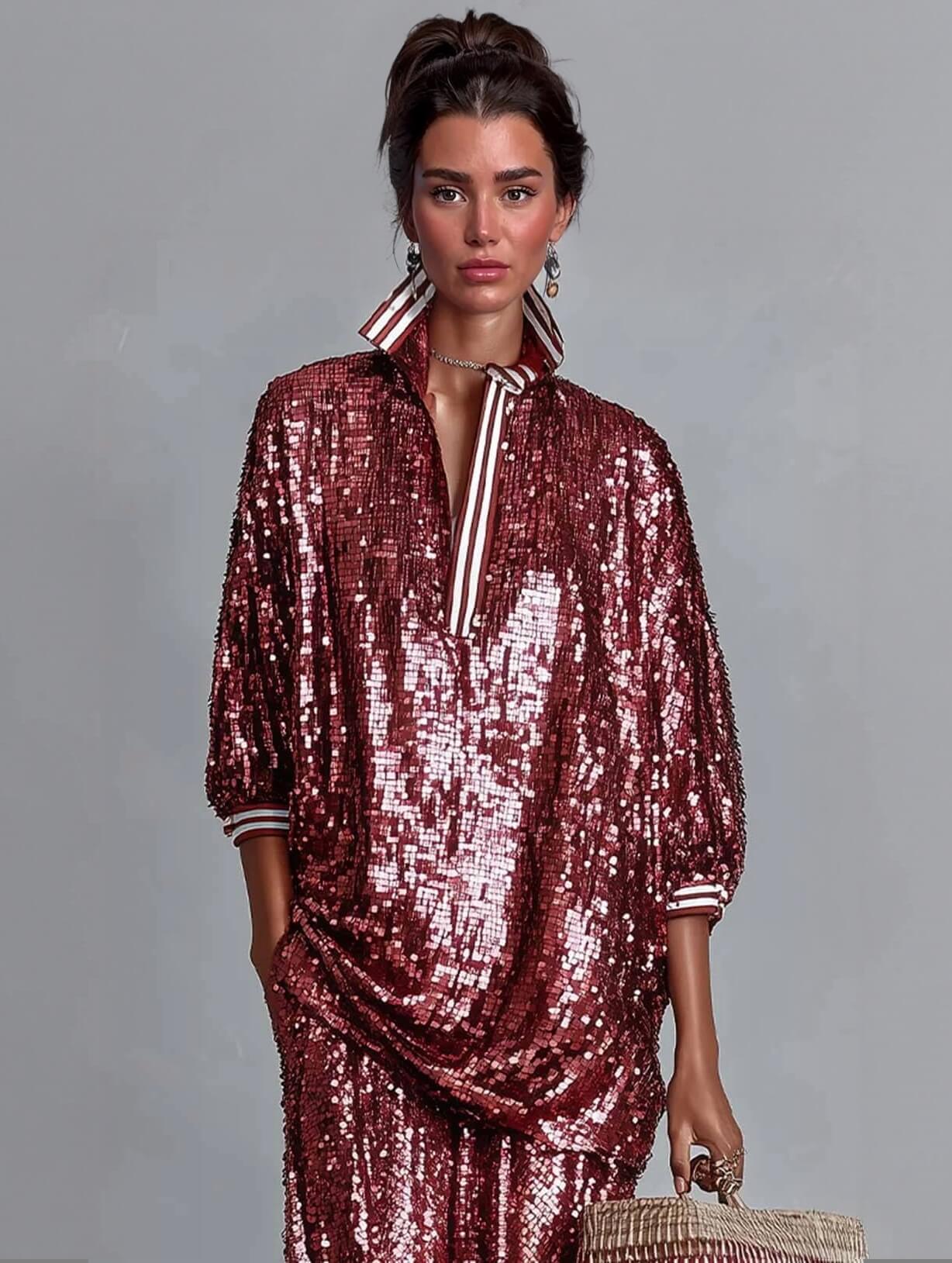 Charming Sequin Stripe Trim Oversized Top Burgundy