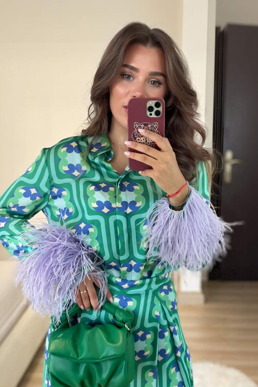 Fashionable Feather-Trimmed Printed Loose Shirt Green