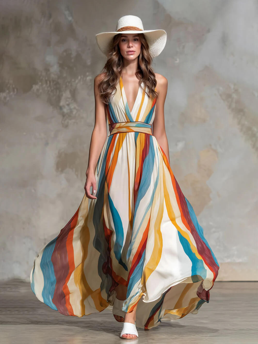 Retro Rainbow Striped Chiffon Sleeveless Maxi Dress Multicolor