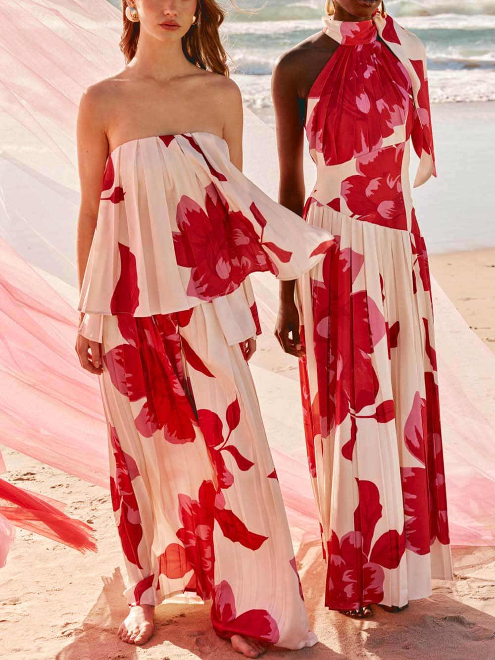 Elegant Printed Satin Ruched Backless Ruffle Maxi Dress