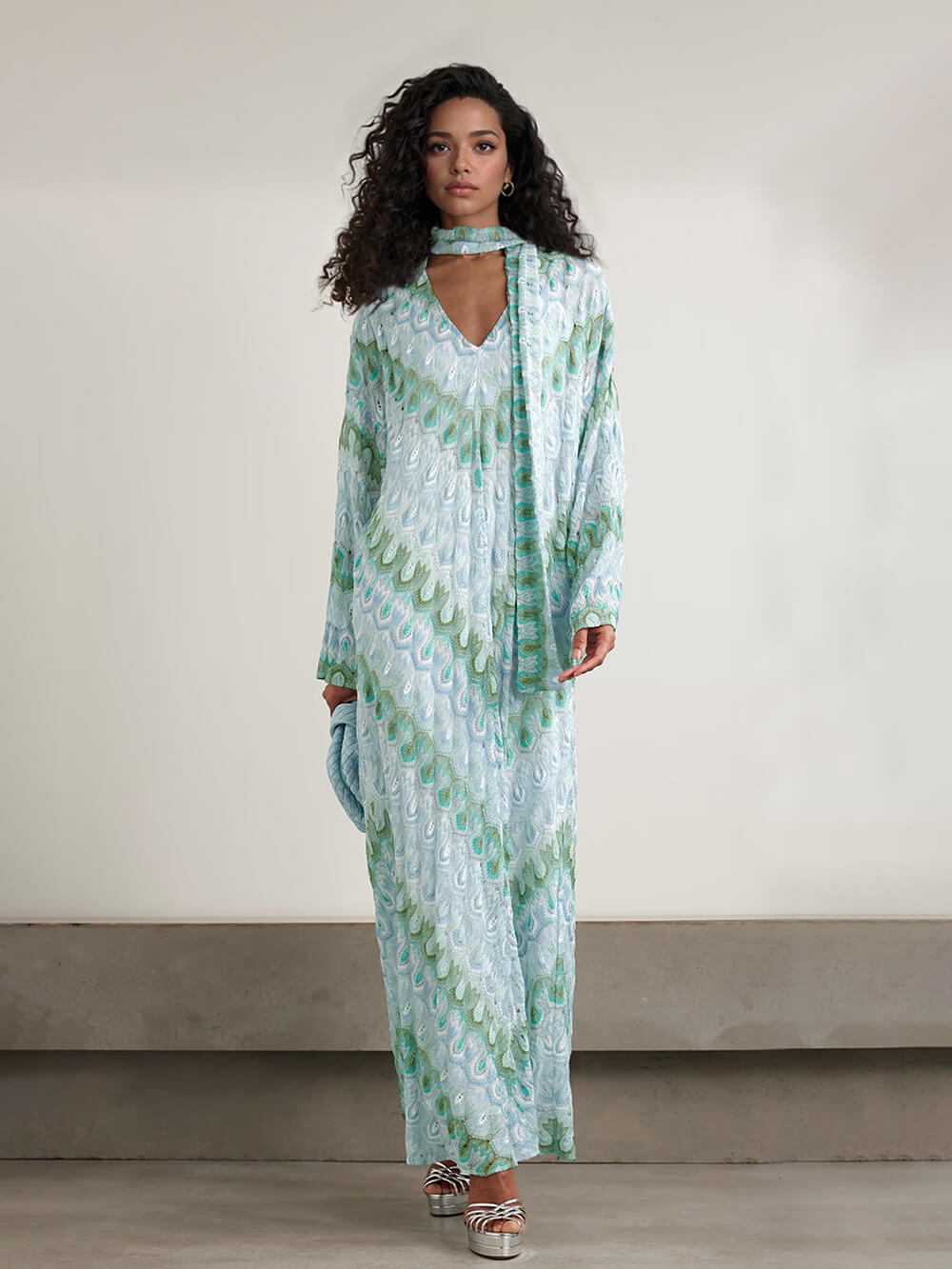 Boho Peacock Print Tie-Detail Striped Metallic Crochet Maxi Dress Light Blue