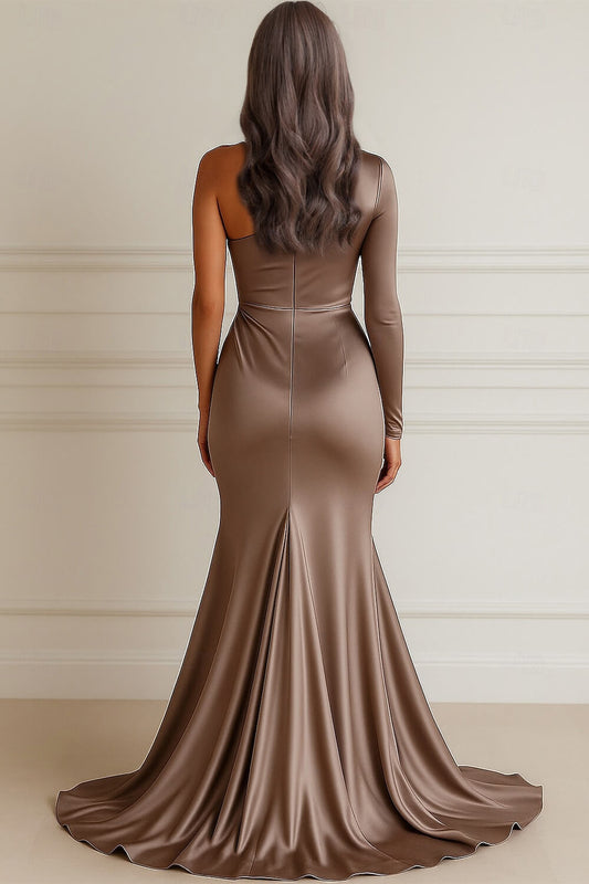 Elegant One-Shoulder Satin Pleated Mermaid Trumpet Formal Maxi Dress