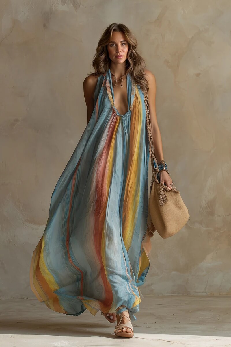 Exquisite Romantic Vacation Blue Rainbow Print Chiffon Maxi Dress Multicolor
