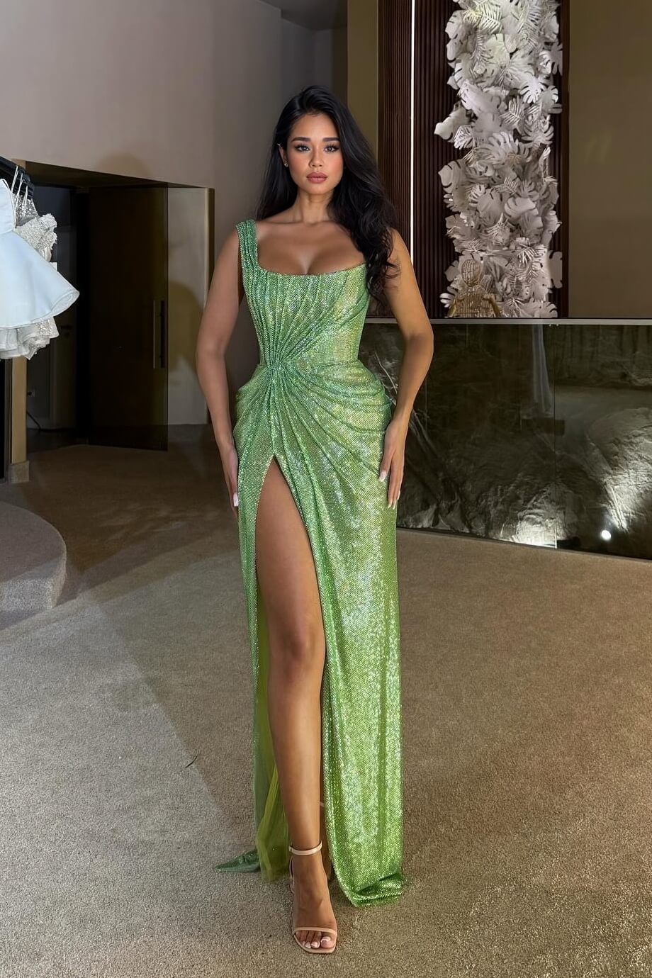 Elegant Sequin Slit Party Maxi Dress Green