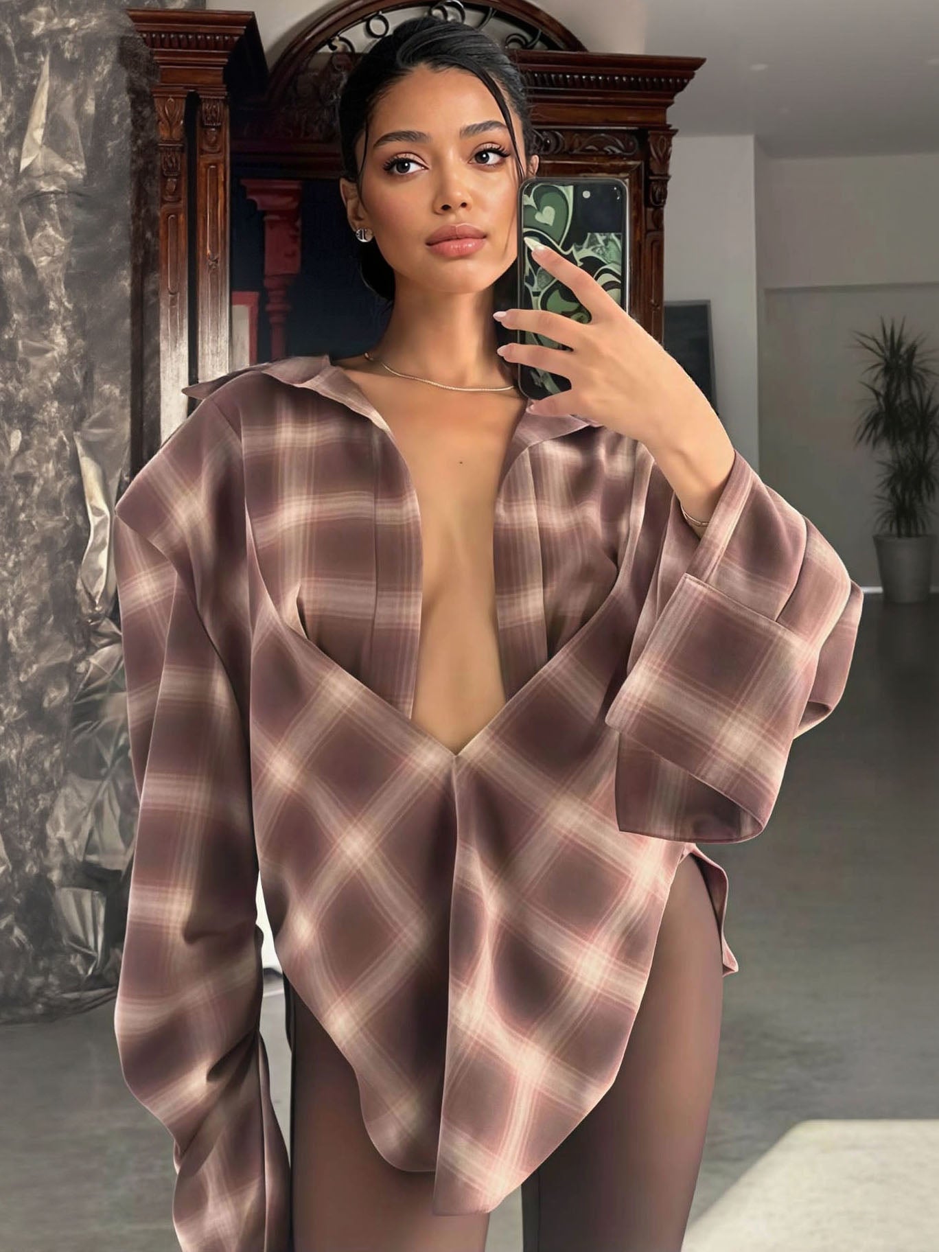 Exquisite Vintage Plaid Long-sleeved Shirt Light Brown