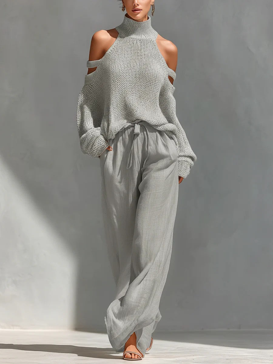 Casual Open-shoulder Knitted Top Wide-leg Pants Two-piece Set Gray