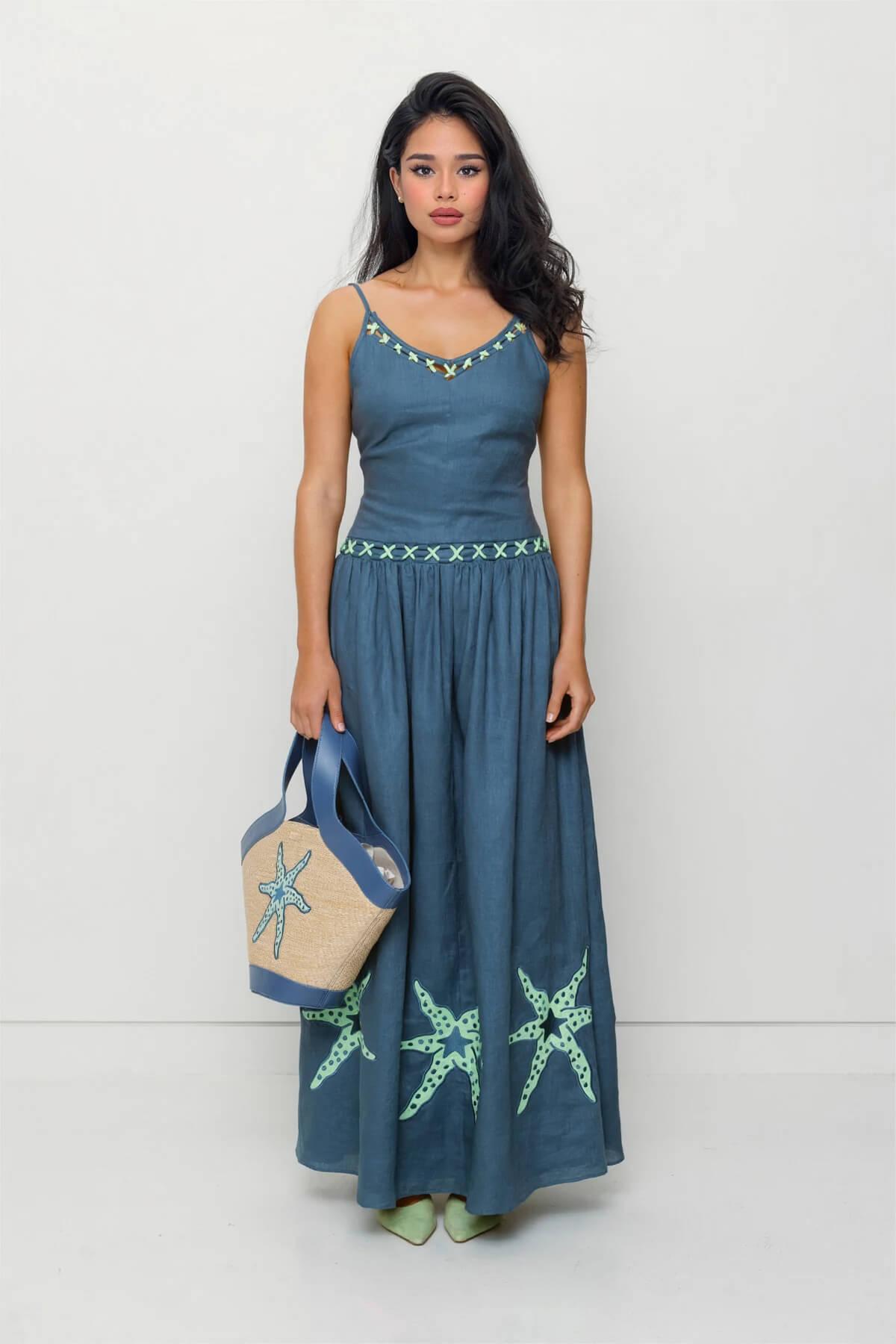Casual Resort-Style Starfish Print Spaghetti Strap Maxi Dress Blue
