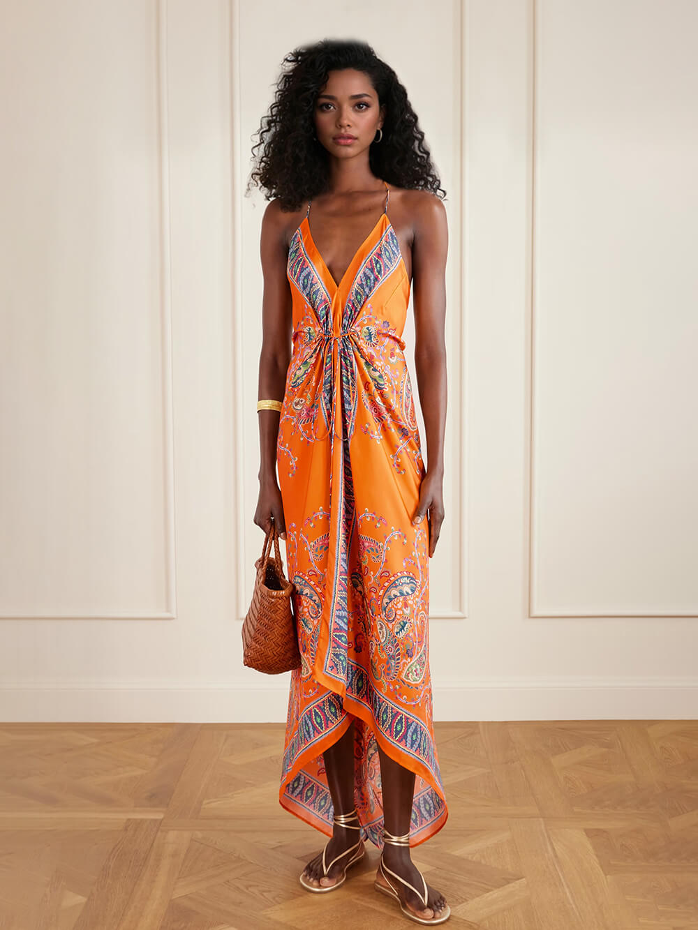 Retro Paisley Print Satin Twill Backless Spaghetti Strap Maxi Dress Orange