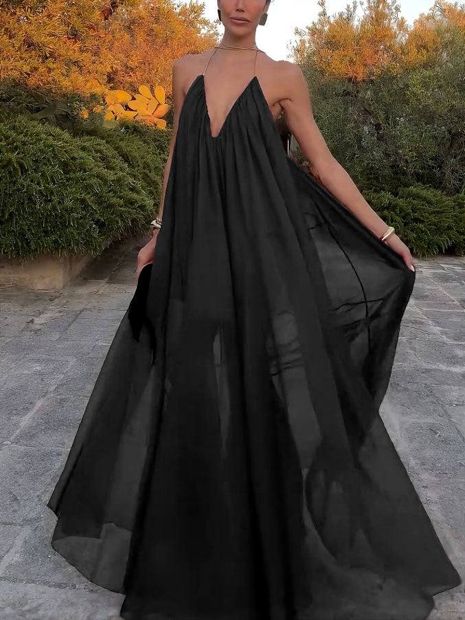 Elegant V-neck Chiffon Flowy Maxi Dress Black