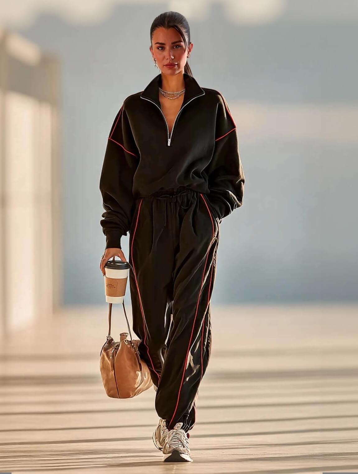 Minimalist Red Trimmed Zipper Neck Long Sleeve Sweatshirt And Sweatpants Set Black