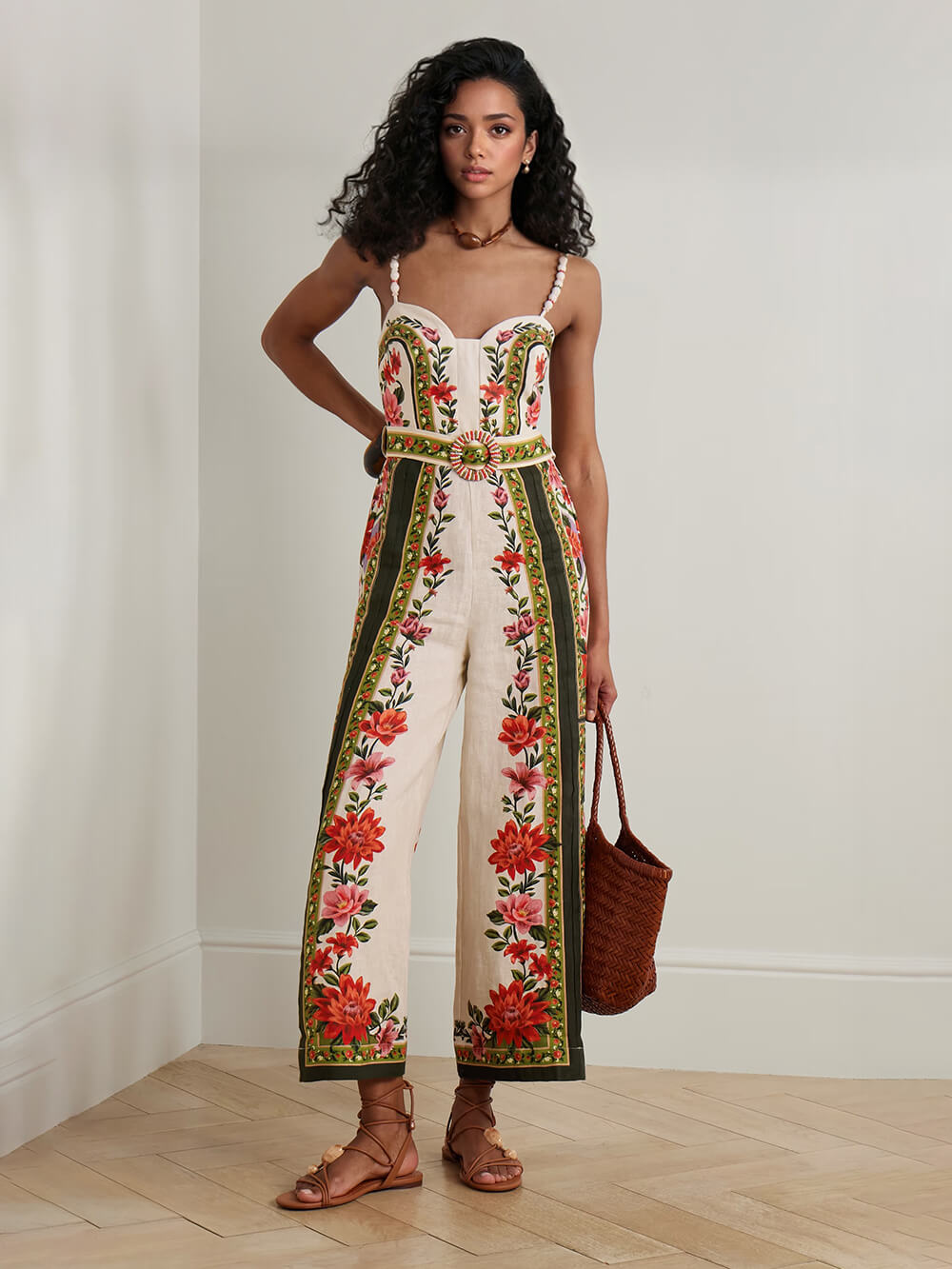 Retro Lace-up Print Linen Jumpsuit White