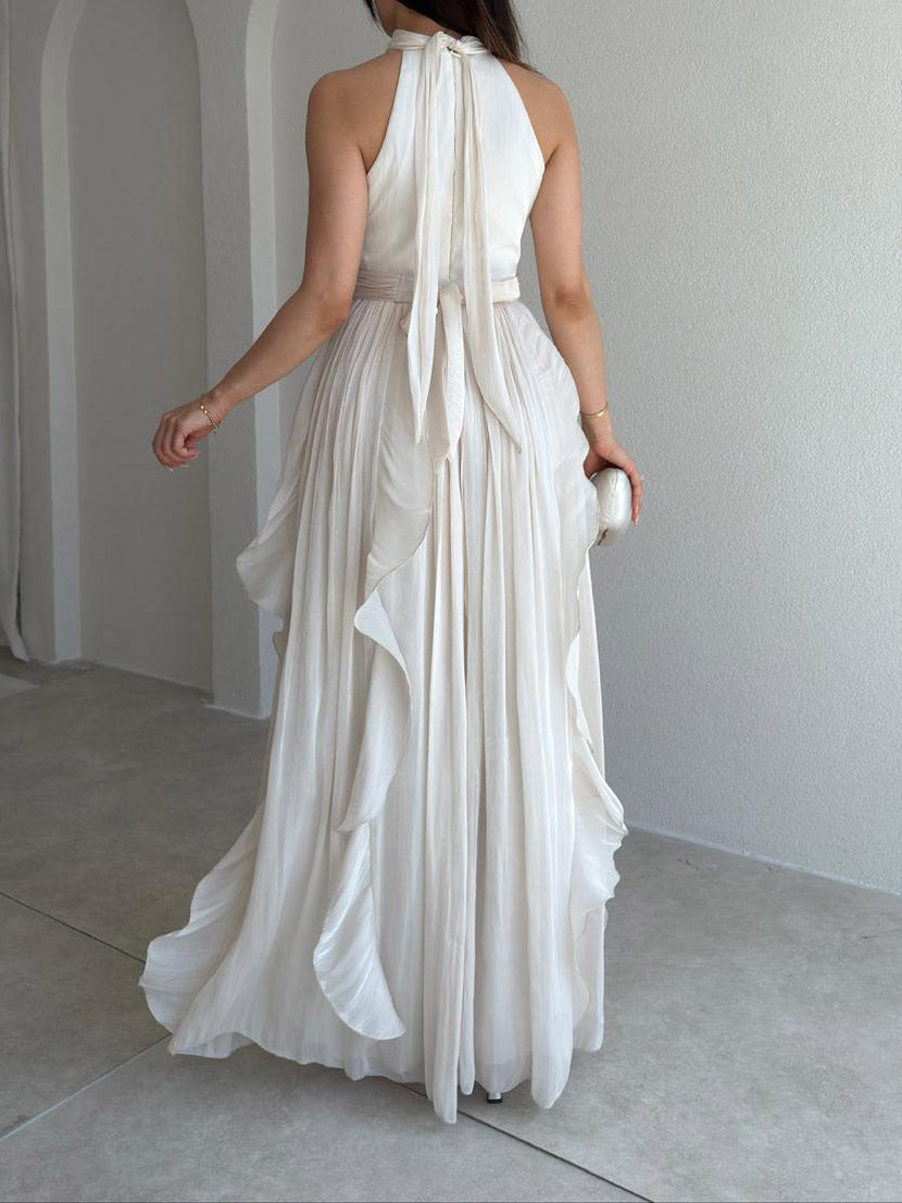 Elegant Backless Ruched Tiered Ruffle Maxi Dress