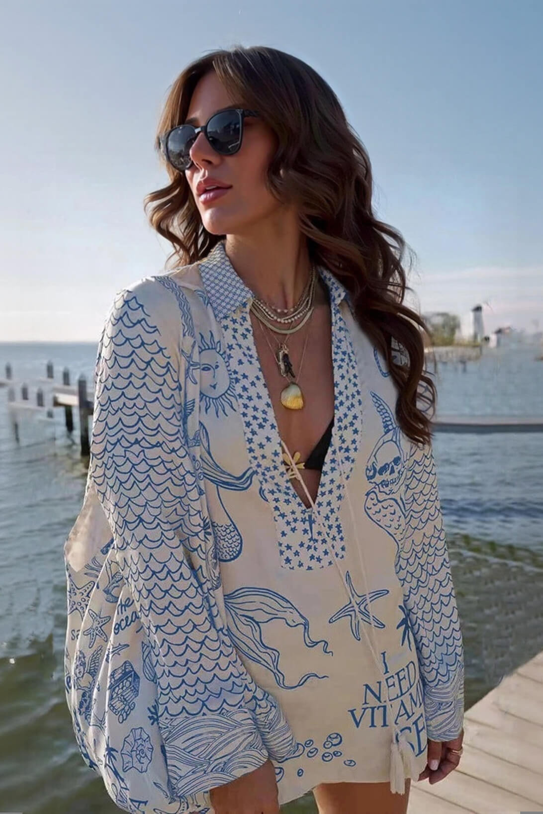 Unique Live By Water Satin Print Tassle Shirt and Elastic Waist Shorts Set Blue