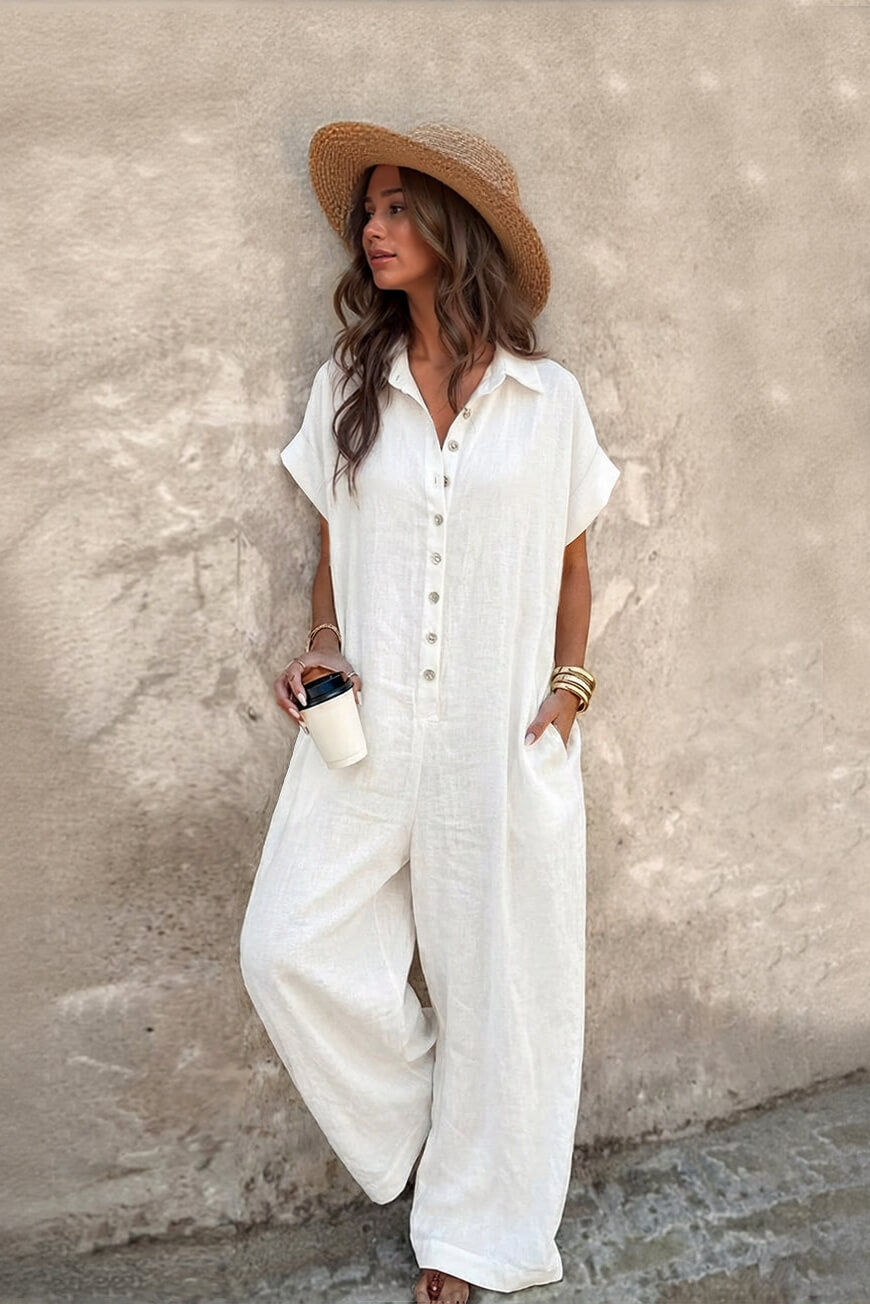 Casual Linen Collared Short-Sleeved Button-Up Front Wide-Leg Jumpsuit White