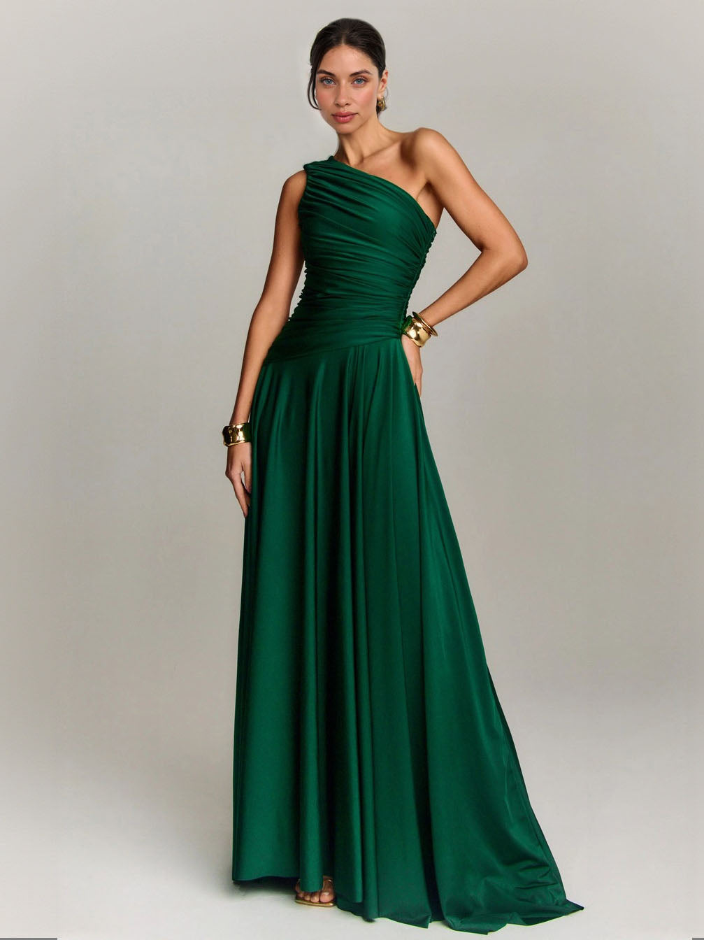 Elegant Draped One Shoulder Cocktail Maxi Dress Dark Green