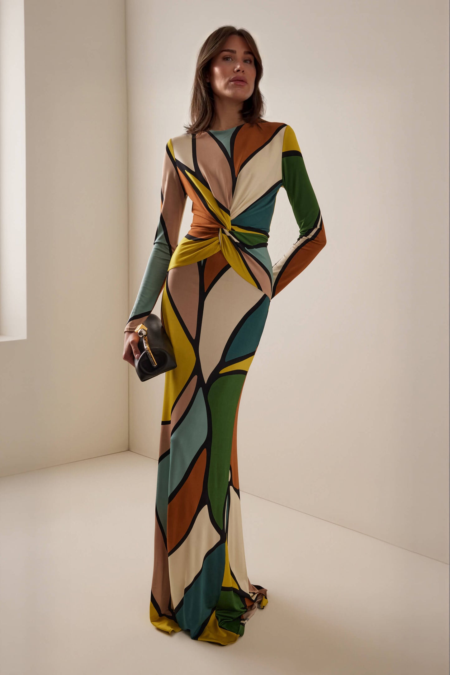 Retro Geometric Print Twisted Maxi Dress Multi