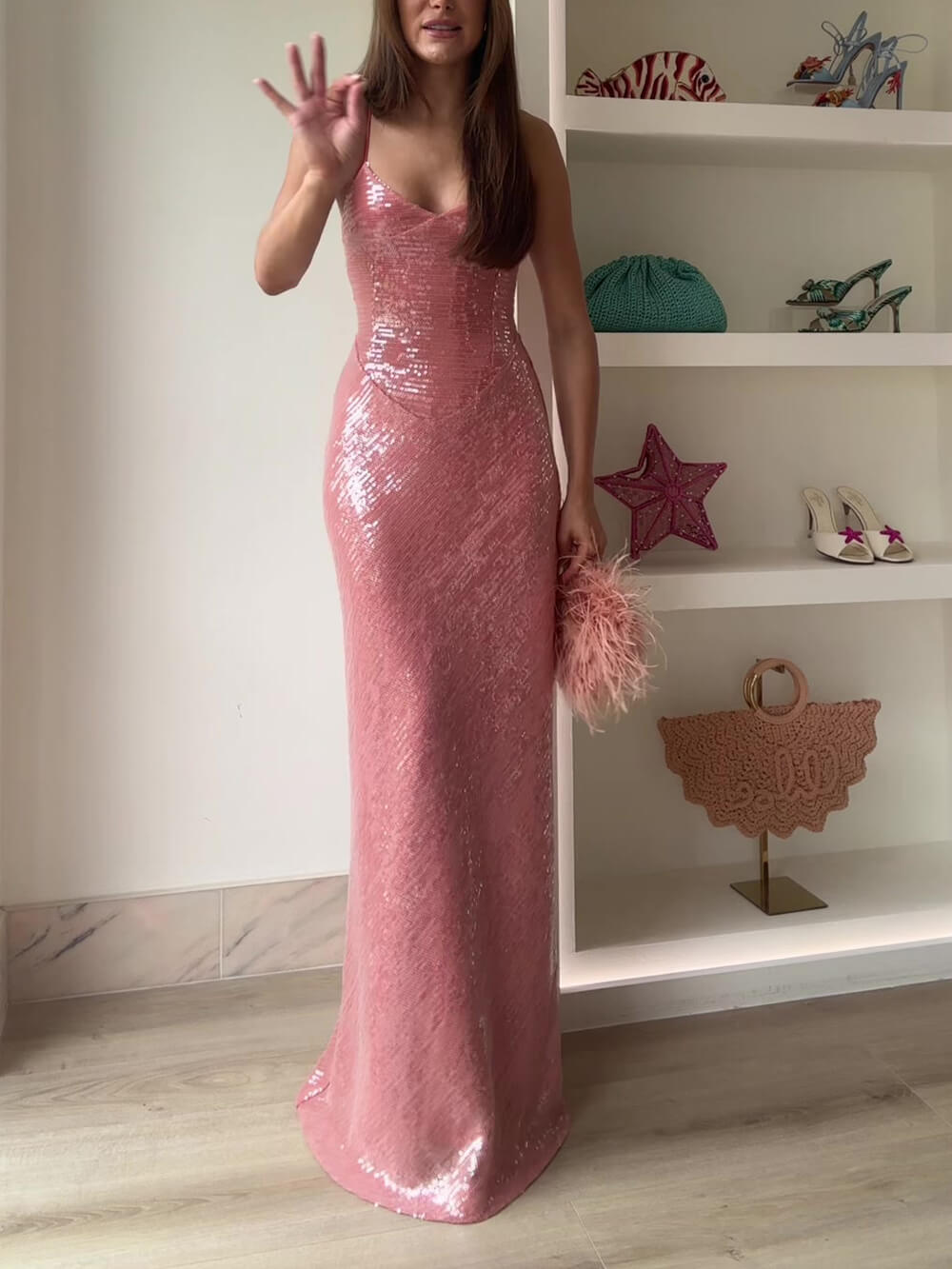 Exquisite And Elegant Sequined Backless Party Bodycon Maxi Dress Pink