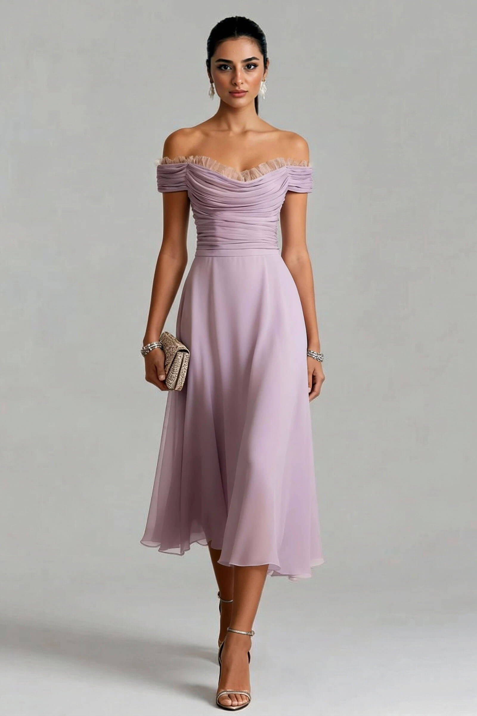Elegant Peplum Pleated Chiffon Off The Shoulder Sleeveless A-Line Midi Dress Purple