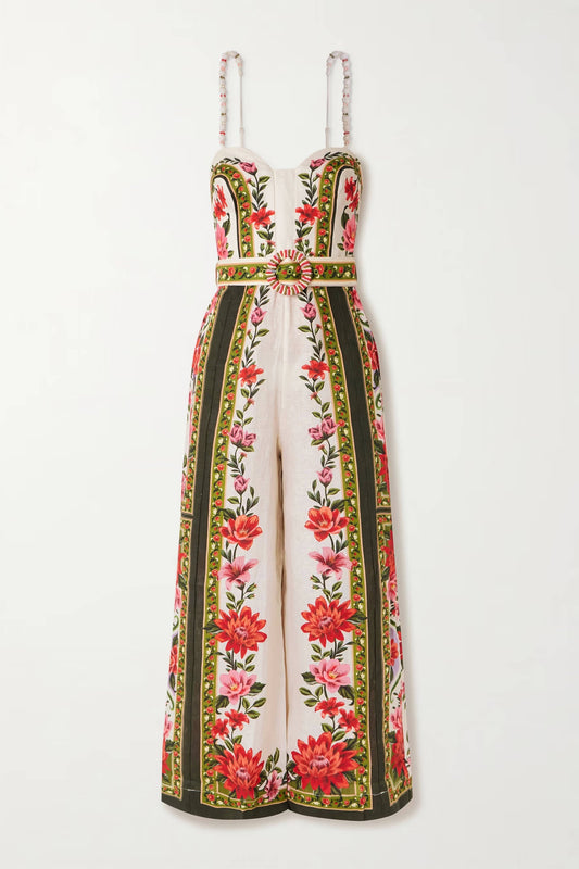 Retro Lace-up Print Linen Jumpsuit