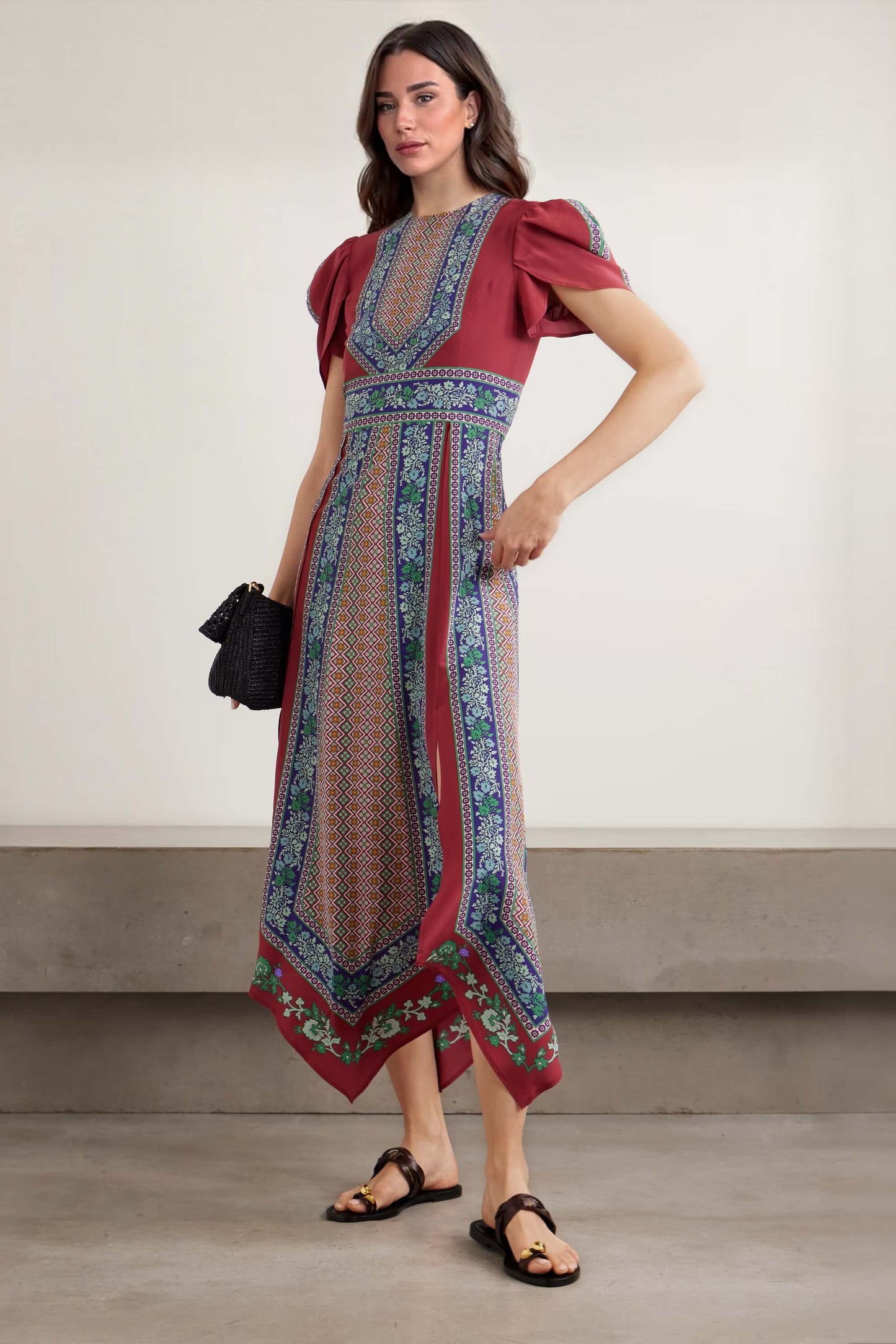 Exquisite Retro Print Asymmetrical Hem Midi Dress Burgundy
