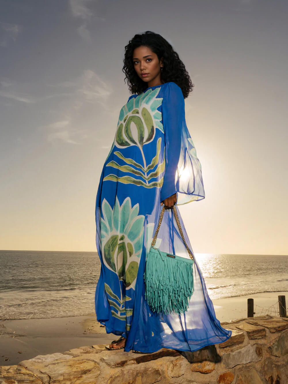 Casual Resort Style Floral Print Chiffon Maxi Dress Blue