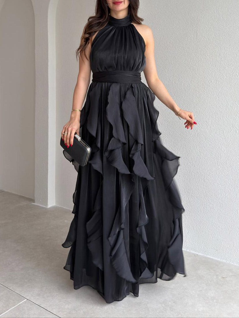 Elegant Backless Ruched Tiered Ruffle Maxi Dress Black
