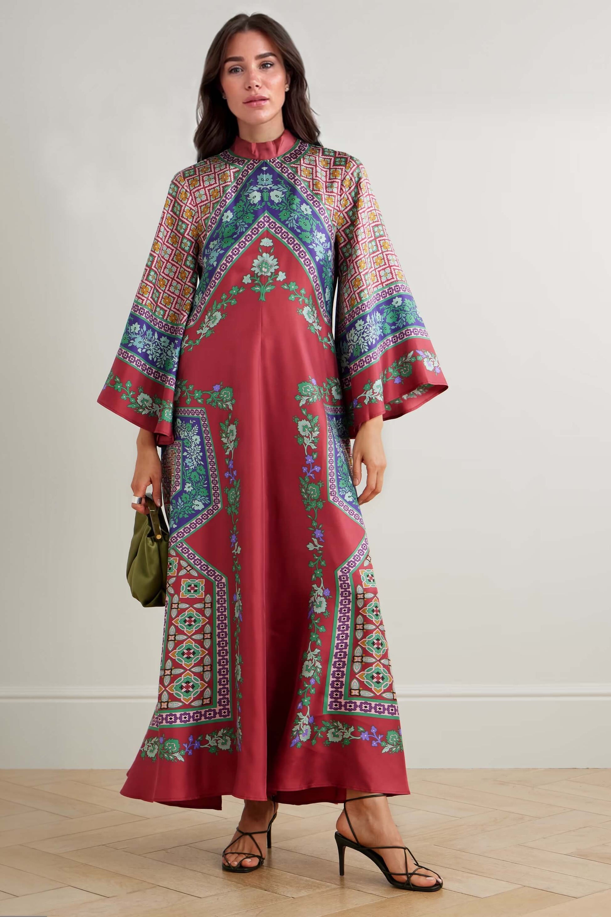 Exquisite Floral Print Tie-Detail Satin Maxi Dress Red