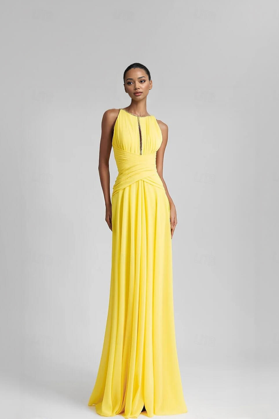 Elegant Rhinestone Pleated Sleeveless Chiffon A-Line Maxi Dress Yellow