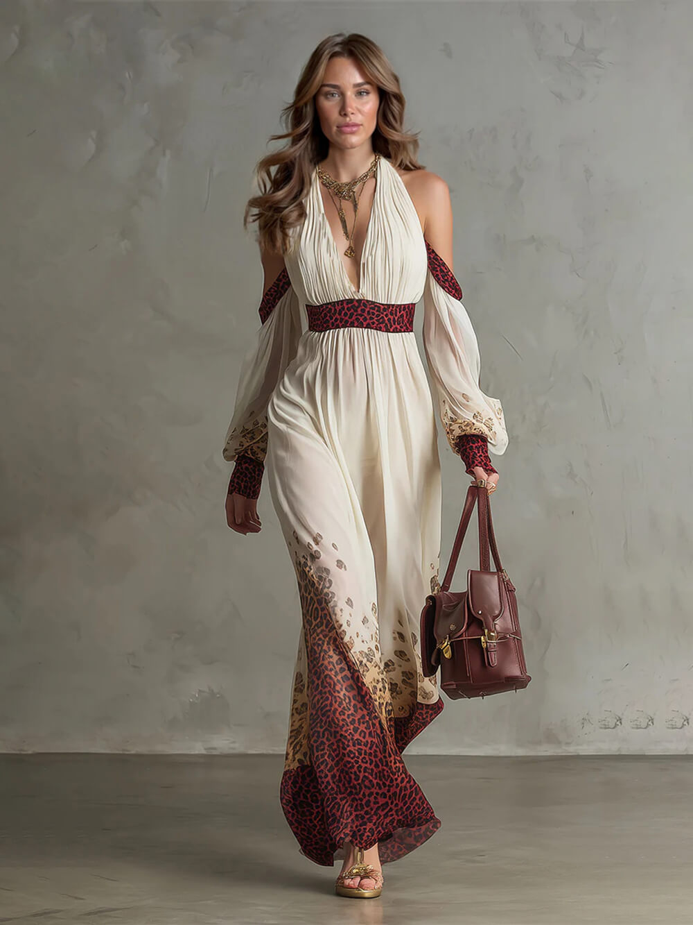 Exquisite Vacation-style Leopard Print Chiffon Off-The-Shoulder Maxi Dress Off-White