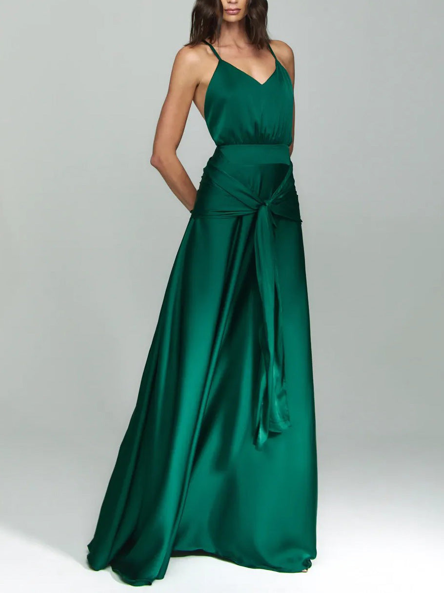 Elegant V-Neck Satin Tie-Waist Floor-Length Slip Dress Green