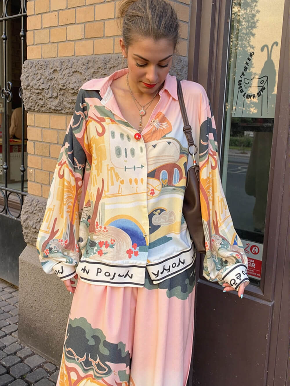 Unique Satin Landscape Print Loose Oversized Shirt Pink