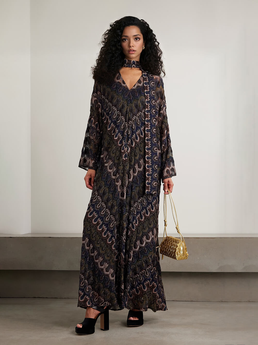 Boho Tie-Detail Striped Metallic Crochet Maxi Dress Brown