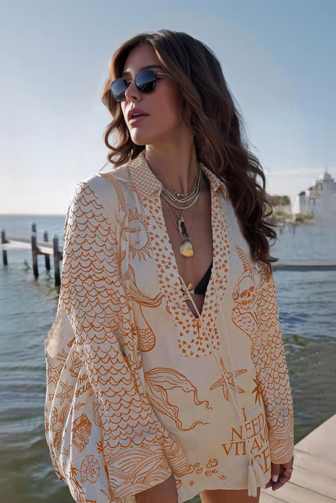 Unique Live By Water Satin Print Tassle Shirt and Elastic Waist Shorts Set Orange