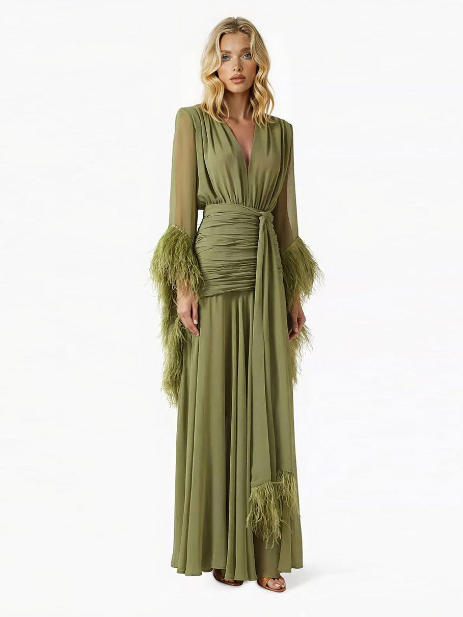Elegant V-Neck Feather Cuff Flowing Chiffon Maxi Dress Green