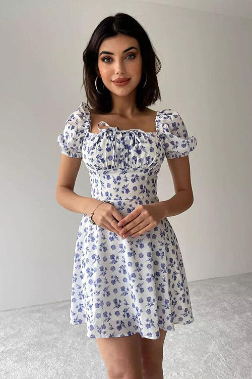 Floral Forever Puff Short Sleeve Printed Mini Dress - 3 Colors White