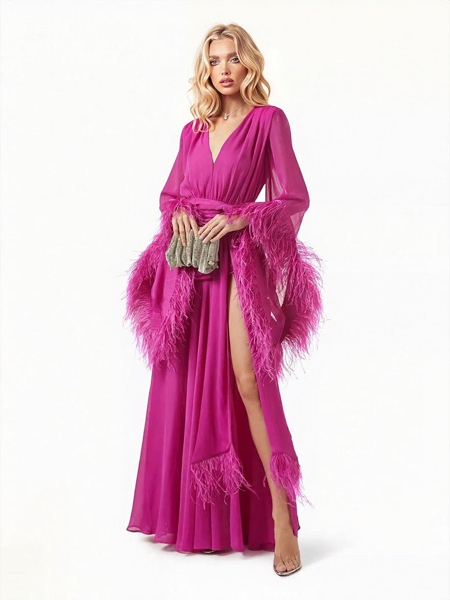Elegant V-Neck Feather Cuff Flowing Chiffon Maxi Dress Magenta