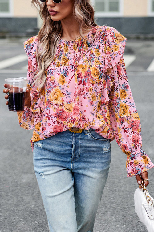 By The Garden Floral Print Long Sleeve Smocked Top - 6 Colors Pink