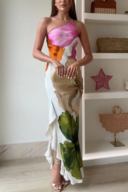 Compelling Romantic One Shoulder Floral Print Maxi Dress