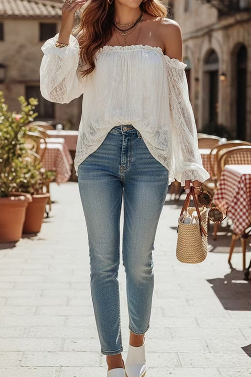 Yanika Ivory Eyelet Lace Long Sleeve Top