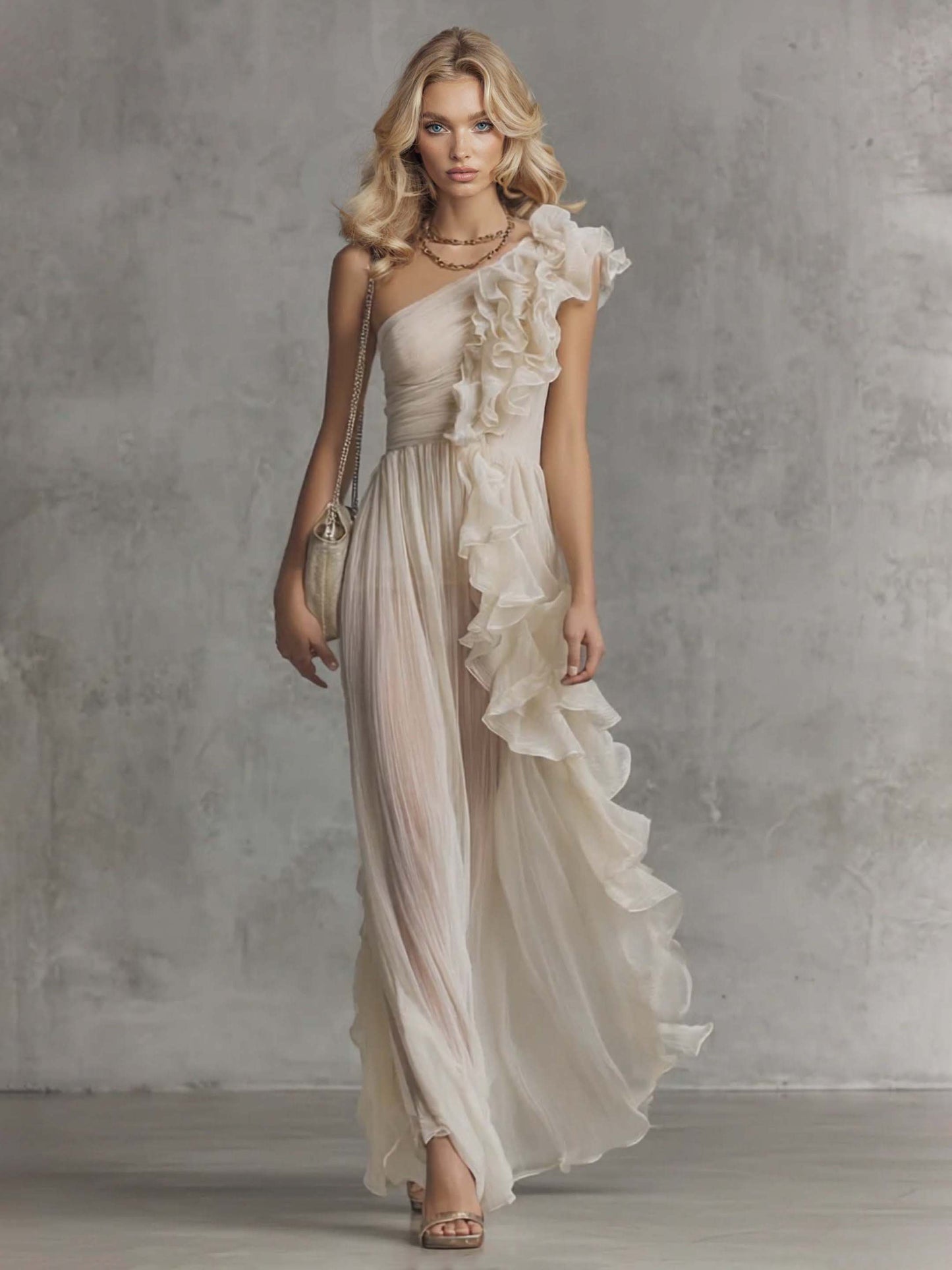 Elegant One-Shoulder Ruffle Chiffon Pleated Maxi Dress Cream