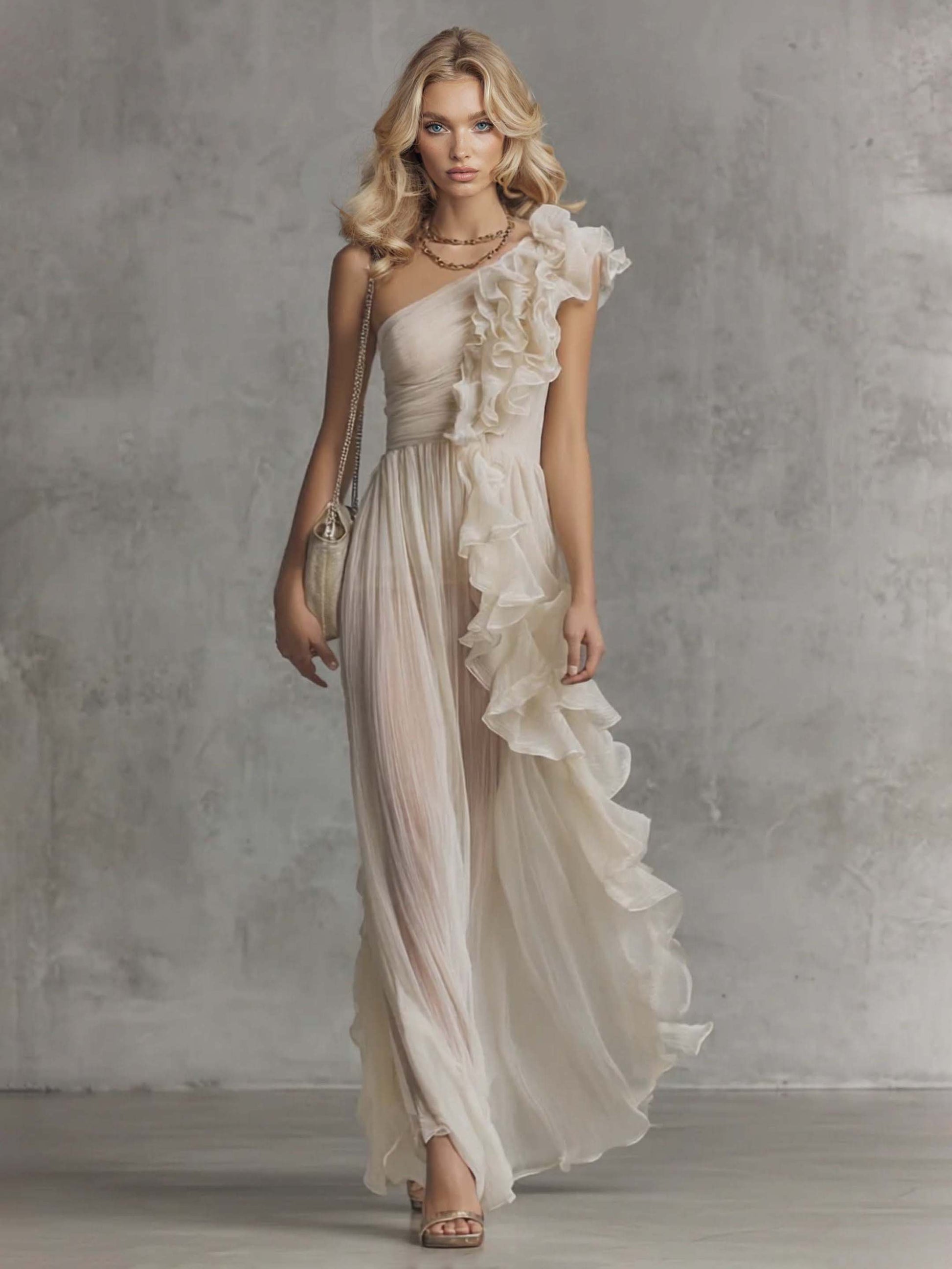 Elegant One-Shoulder Ruffle Chiffon Pleated Maxi Dress Cream