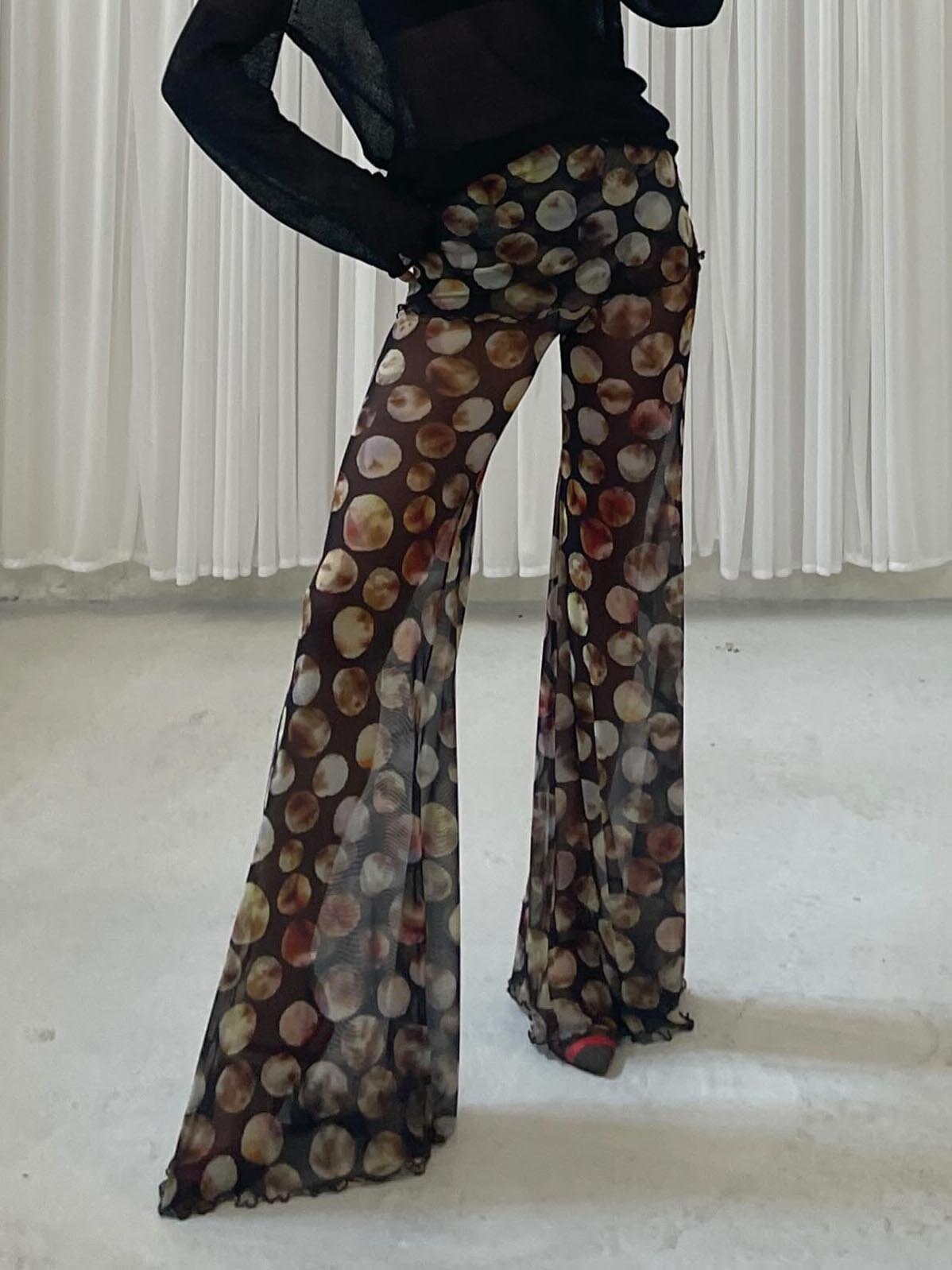 Exquisite Mesh Print High-waisted Flared Pants Black