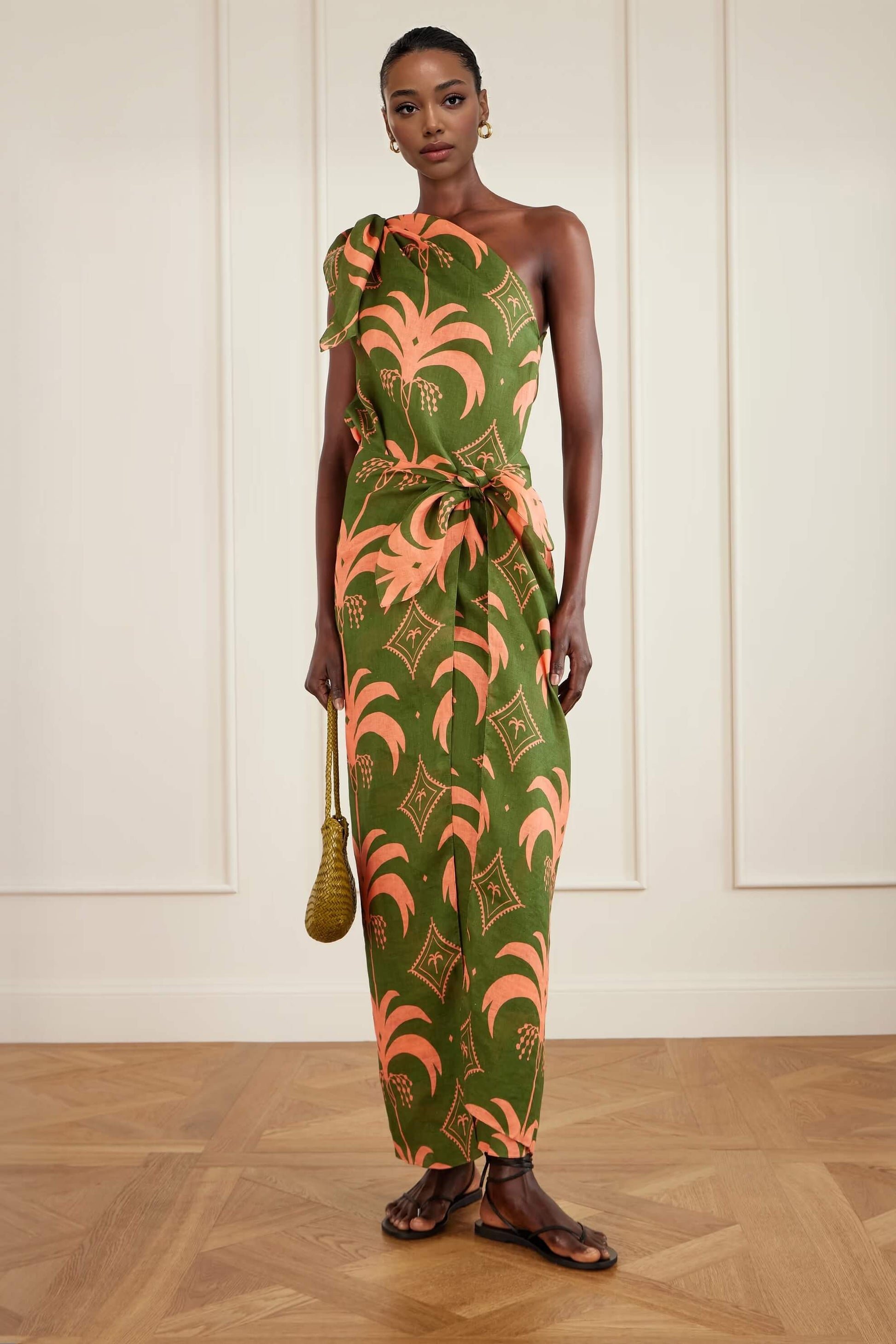 Unique Seaweed Print One-Shoulder Linen Maxi Dress Green