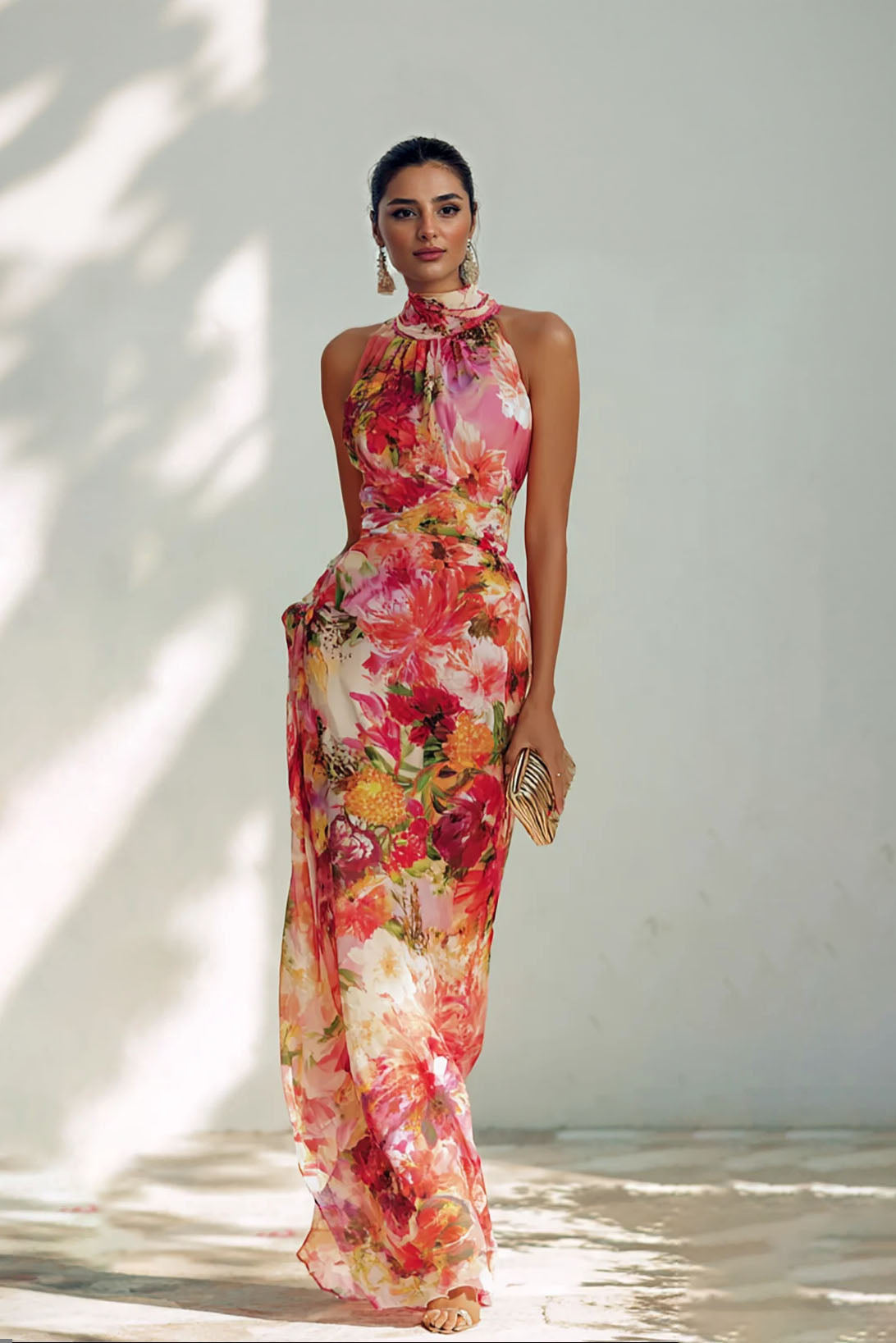 Fashion Floral Chiffon Halter Sleeveless A-Line Maxi Dress Red